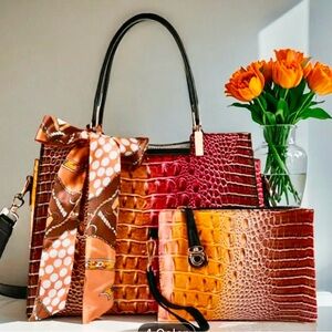 NWOT~Elegant Two Piece Set: Retro Crocodile Embossed Tote & Crossbody Bag W/ Bow